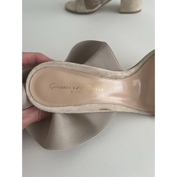 Gianvito Rossi Emily Suede Block Heel Sandal 37.5 US 7.5 Beige Minimalist Chic - Picture 7 of 13